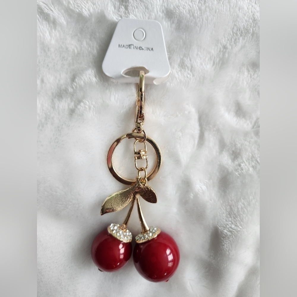 Cherry Keychain with Red and Gold Accents Bag Charm - Picture 2 of 4
